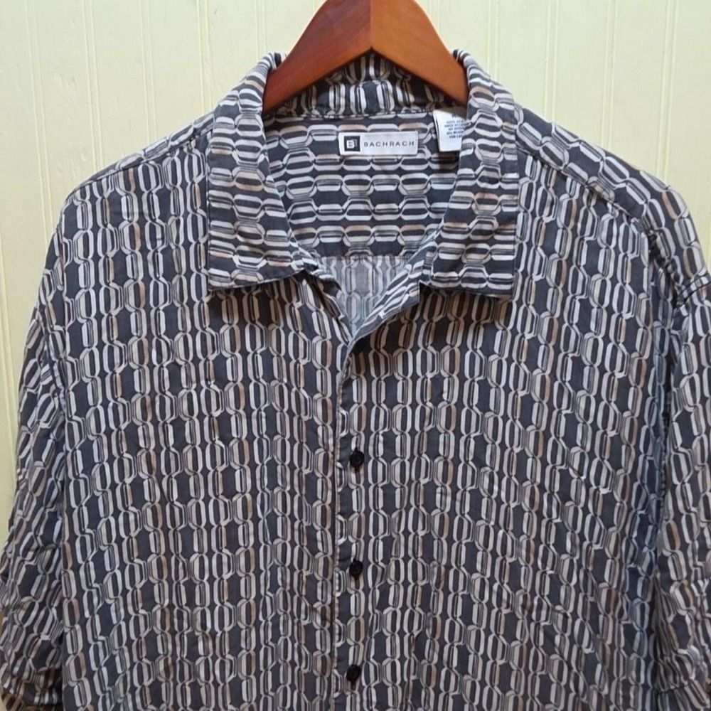 Bachrach Shirt Mens XL Gray Geometric‎ Short Sleeve Button Up Silk Casual